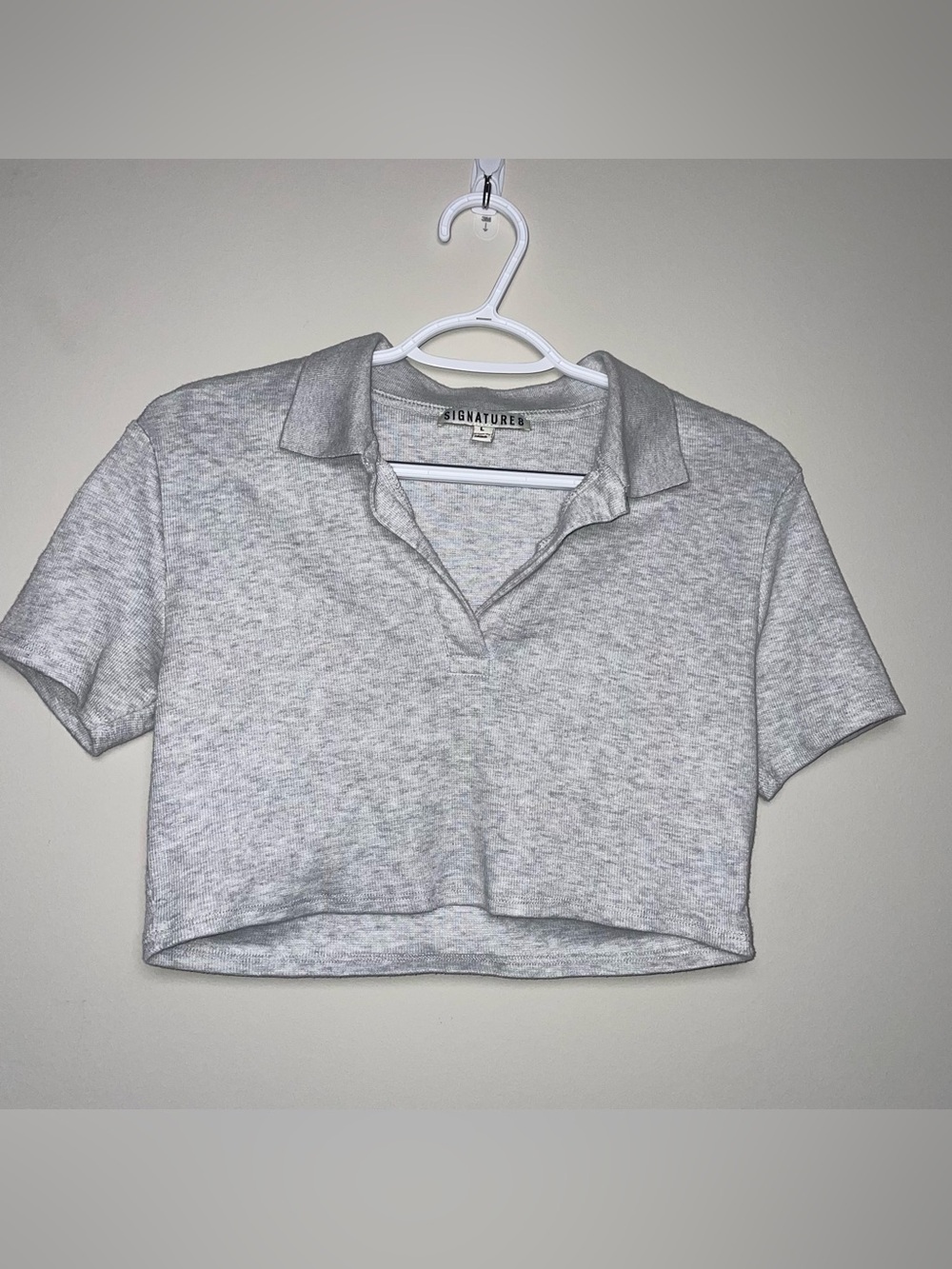 Signature 8 L Heather Grey Collared Knit Short Sleeve Crop Top Preppy Classic